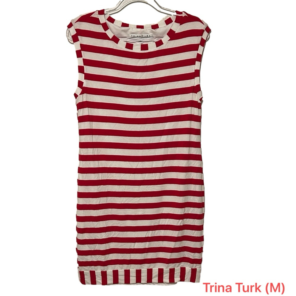 🚂Trina Turk Red and White Striped Dress sleeveless size M GUC